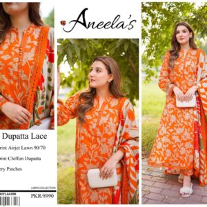 Aneela's | Lawn Embroidered 3pc | Orange & Cream Floral