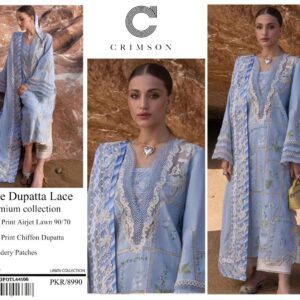 Crimson | Lawn Embroidered 3pc | Sky Blue & Ivory Lace
