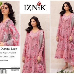Iznik | Lawn Embroidered 3pc | Pink Floral & Silver Mist