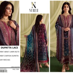 Nureh | Lawn Embroidered 3pc | Plum Chunri & Teal Gradient