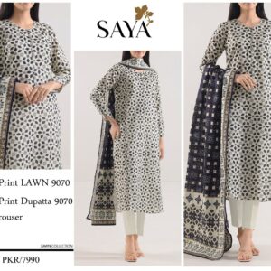 SAYA | Lawn 3pc | Cream Geometric & Indigo Mosaic