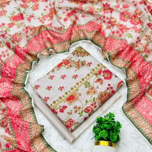 Mausummery | Lawn 3pc | Cream Zinnia & Coral Borders