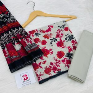 Bin Saeed | Lawn 3pc | Off-White Flora & Crimson Ikat