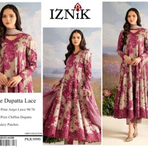 Iznik | Lawn Embroidered 3pc | Taupe & Magenta Floral