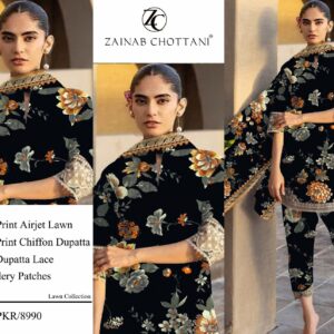 Zainab Chottani | Lawn Embroidered 3pc | Black & Ochre Floral