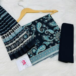 Bin Saeed | Lawn 3pc | Charcoal Paisley & Azure Stripe
