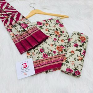 Bin Saeed | Lawn 3pc | Cream Garden & Magenta Zigzag