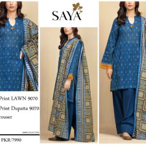 SAYA | Lawn 3pc | Prussian Blue & Mustard Ajrak