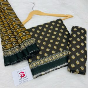 Bin Saeed | Lawn 3pc | Charcoal Olive & Ikat Stripe