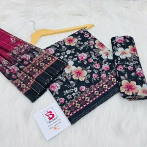 Bin Saeed | Lawn 3pc | Black Hibiscus & Magenta Geo