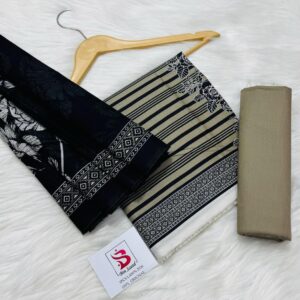 Bin Saeed | Lawn 3pc | Olive Stripes & Black Flora