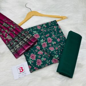 Bin Saeed | Lawn 3pc | Bottle Green & Plum Flora