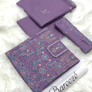 BAREEZE | Lawn Embroidered 3pc | Plum Orchid & Azure Bloom
