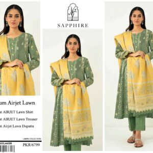 Sapphire | Lawn 3pc | Sage Green & Ochre Baroque