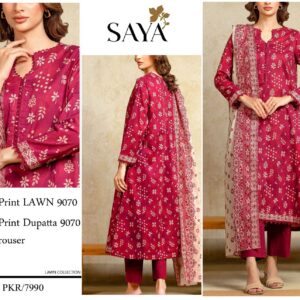 SAYA | Lawn 3pc | Magenta & Ivory Chunri