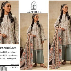 Sapphire | Lawn 3pc | Sage Grey Tribal Ikat