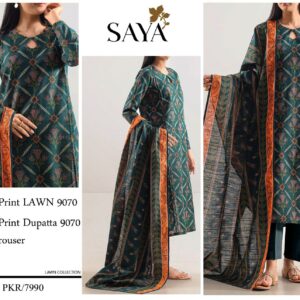 SAYA | Lawn 3pc | Teal Green & Amber Border